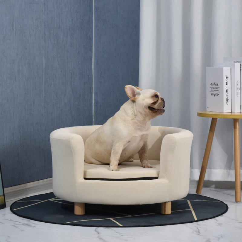 PawHut Canapea Tapițată pentru Câini cu Spătar și Pernă Detașabilă, Culcuș pentru Pisici de Interior, 65x64x37 cm, Crem