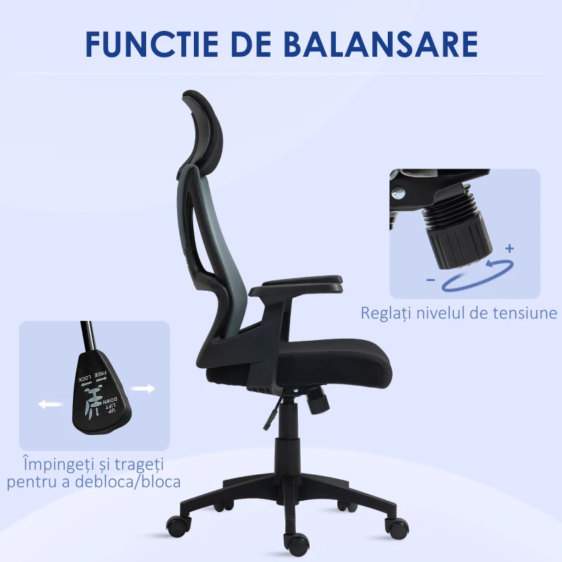 HOMCOM Scaun Ergonomic de Birou Înclinabil cu Suport Lombar, Tetieră și Înălțime Reglabilă, 66x58x115-123 cm, Negru