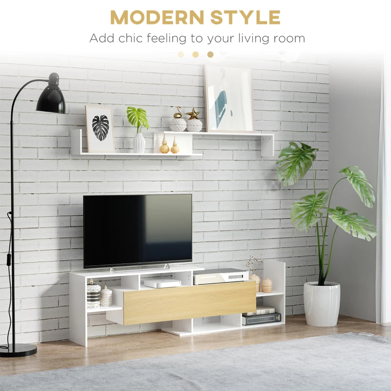 Homcom Mobilier TV 153,6×25×42 cm – Alb cu Rafturi si Dulap Perete
