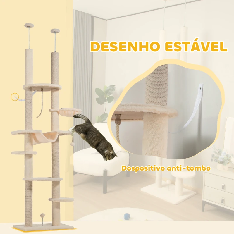 PawHut Arranhador para Gatos do Chão ao Teto 225-255 cm com 7 Níveis Rede Plataformas Postes de Arranhar  Bege e Cinza