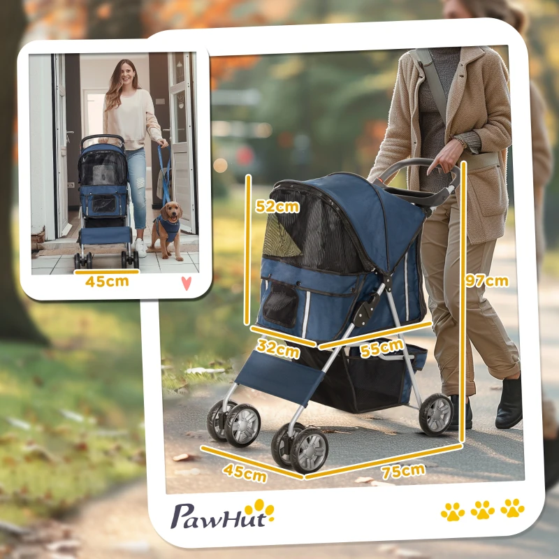 PawHut Carrinho de Passeio para Animais de Estimação Dobrável com Cesta de Armazenamento e Travão 75x45x97cm Azul Escuro