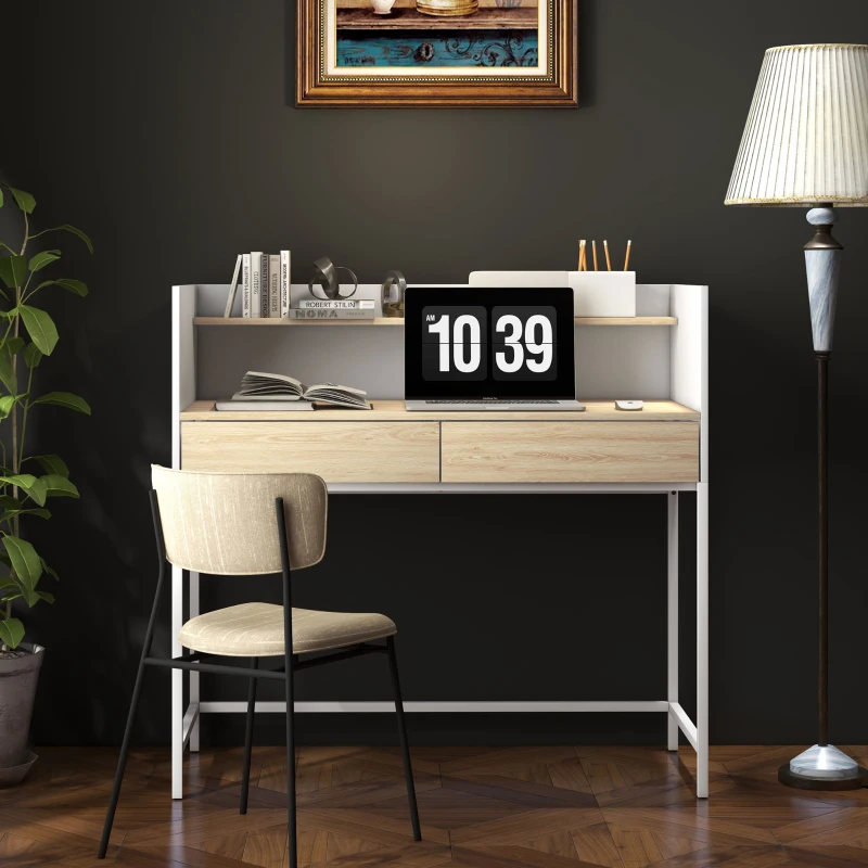 HOMCOM Secretária Moderna Mesa de Escritório com 2 Gavetas e Prateleira Mesa de Estudo 106x51,5x102,5 cm Branco e Carvalho