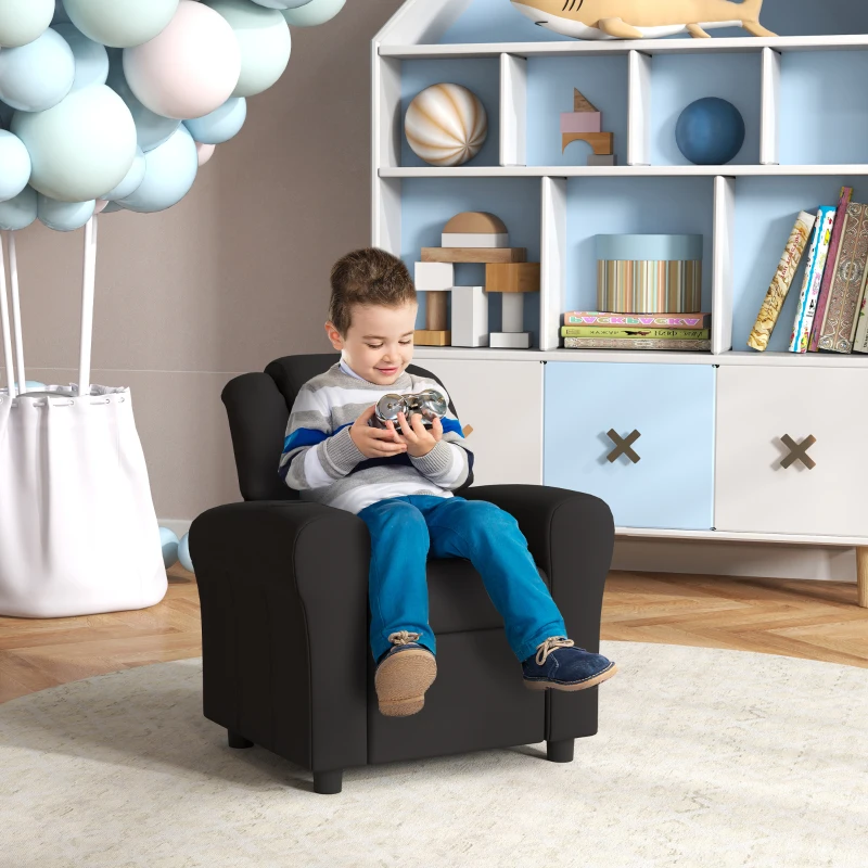 HOMCOM Kids Recliner Chair, PU Leather with Adjustable Backrest, Footrest, Padded Headrest, Black