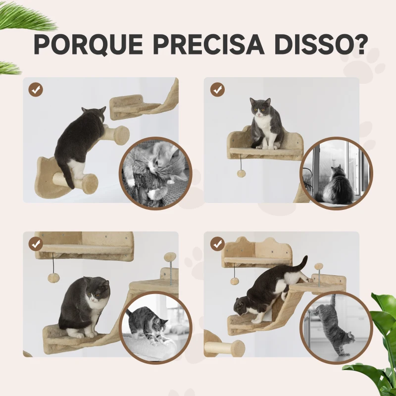 PawHut Conjunto de Prateleiras de Escalada para Gatos de 4 Peças com 2 Postes de Sisal e Plataforma para Saltar Bege