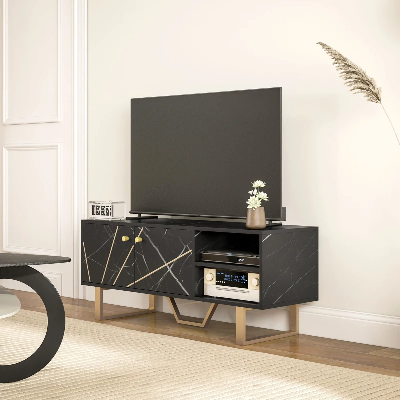 HOMCOM Móvel de TV com Prateleira Ajustável e Efeito Mármore Móvel de TV para Sala de Estar para Televisores de 50 Polegadas 110x35x45 cm Preto e Dourado