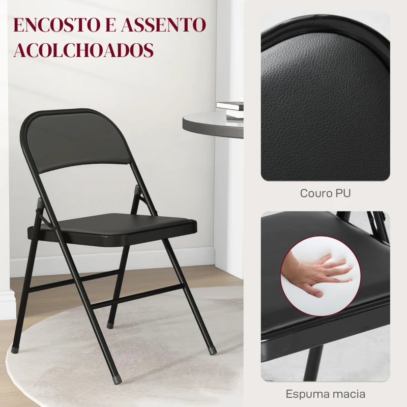 HOMCOM Conjunto de 2 Cadeiras Dobráveis com Encosto e Estrutura de Aço para Sala de Estar escritório Estúdio 45x46x78 cm Preto