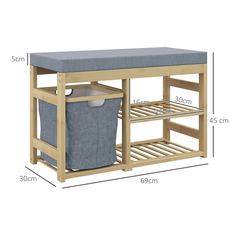 HOMCOM Banco para Sapatos de Bambu Móvel Sapateira com Assento Cesta Amovível e Prateleiras Abertas para 4 Pares de Sapatos 69x30x45 cm Madeira