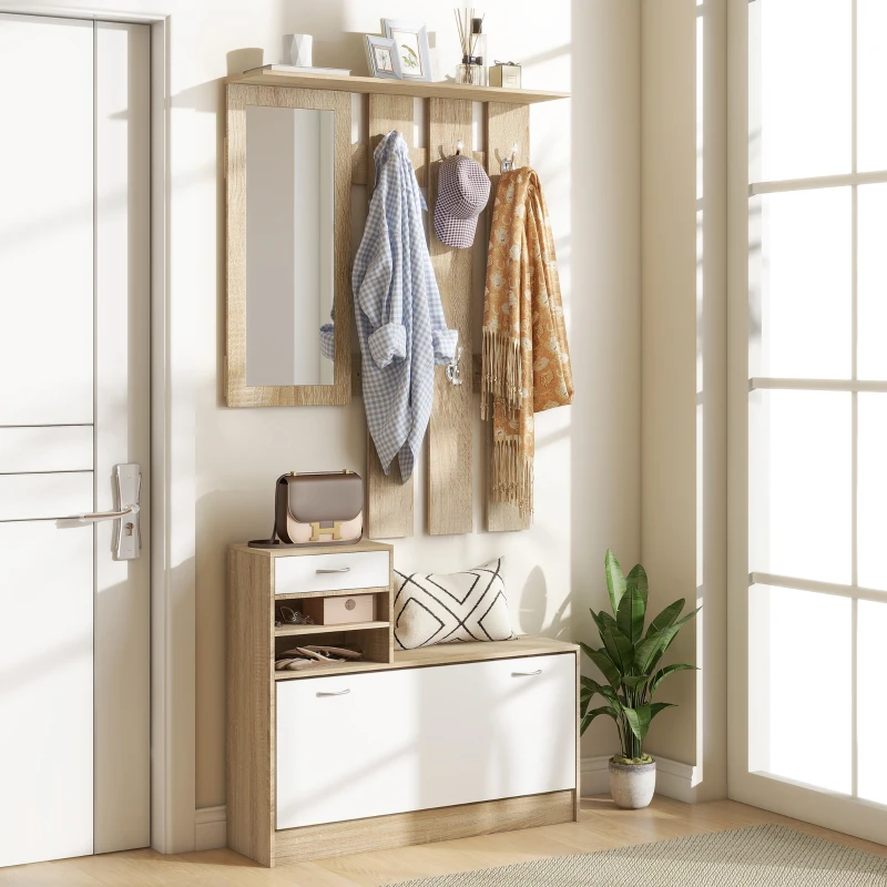 HOMCOM Móvel Cabide de Entrada de 3 Peças Armário de Entrada com Cabide Espelho Sapateira e Gaveta 90x10x102 cm Branco e Madeira