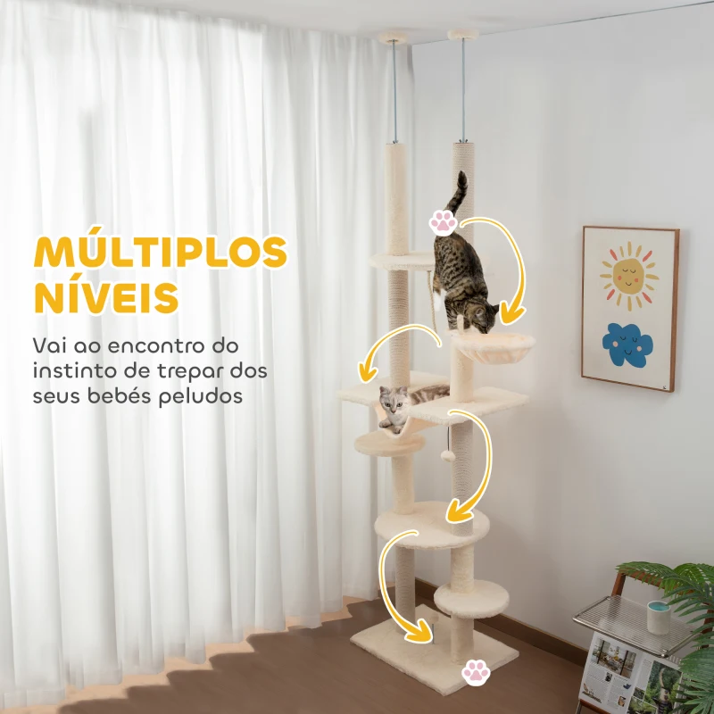 PawHut Arranhador para Gatos do Chão ao Teto 225-255 cm com 7 Níveis Rede Plataformas Postes de Arranhar  Bege e Cinza