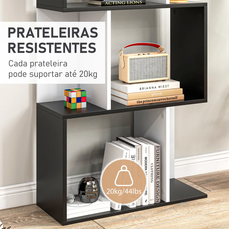 HOMCOM Estante para Livros Estante Alta de Parede com 5 Níveis em Forma de S Desenho Moderno 60x24x184,5 cm Branco e Preto