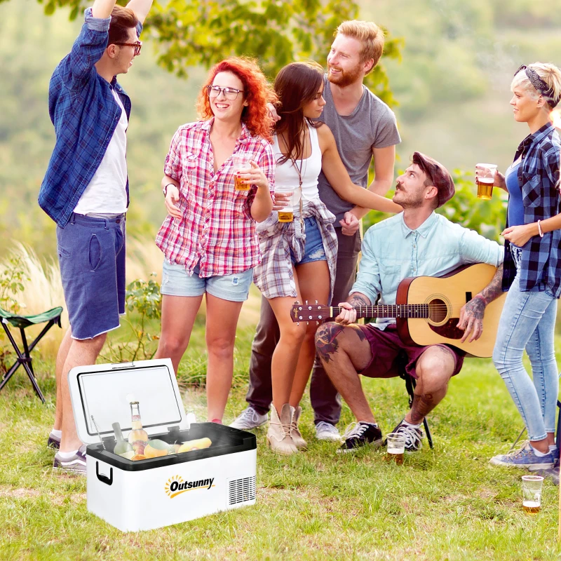 Outsunny 12V Car Refrigerator w/ LED Light & Foldable Handles, 18L Portable Compressor Cooler, Fridge Freezer with 12/24V DC and 110-240V AC for Campervan RV Boat Travel