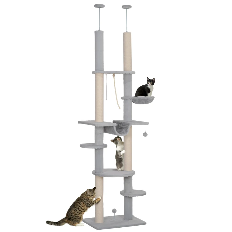 PawHut Arranhador para Gatos do Chão ao Teto 225-255 cm com 7 Níveis Rede Plataformas Postes de Arranhar  Cinza