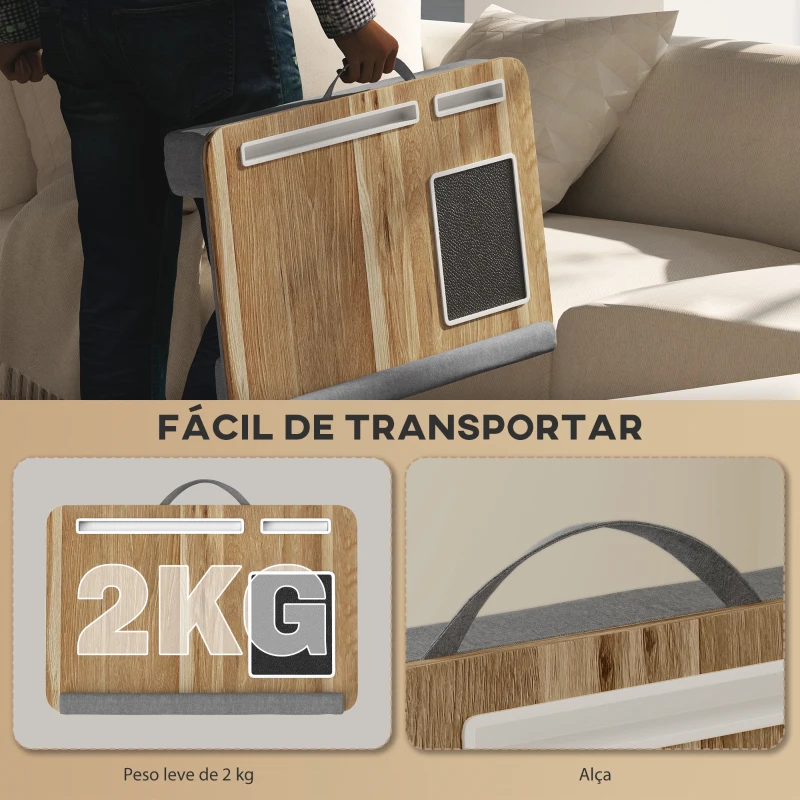 HOMCOM Suporte para Portátil com Amofada Ranhura para Tablet Almofada para Mouse Apoio para os Punhos Mesa para Portátil 55,5x37x9 cm Carvalho