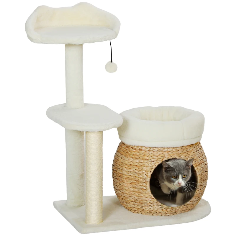 PawHut Krabpaal met Kattenhol, Speelbal en Platform, Riet/Sisal, tot 10 kg, 60 x 40 x 79 cm, Crème wit