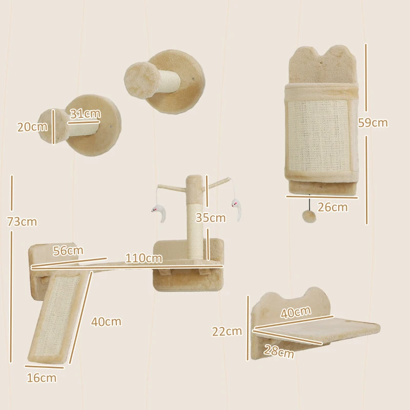 PawHut Prateiras de Parede para Gatos de 4 Peças Arranhador de Parede para Gatos com Postes de Sisal Plataforma de Salto Bege