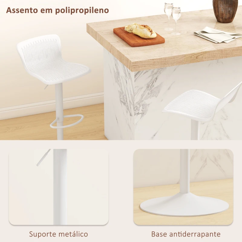 HOMCOM Conjunto de 2 Bancos Altos de Cozinha Giratória com Encosto e Altura Ajustável Carga 120 kg para Bar Sala de Estar Branco