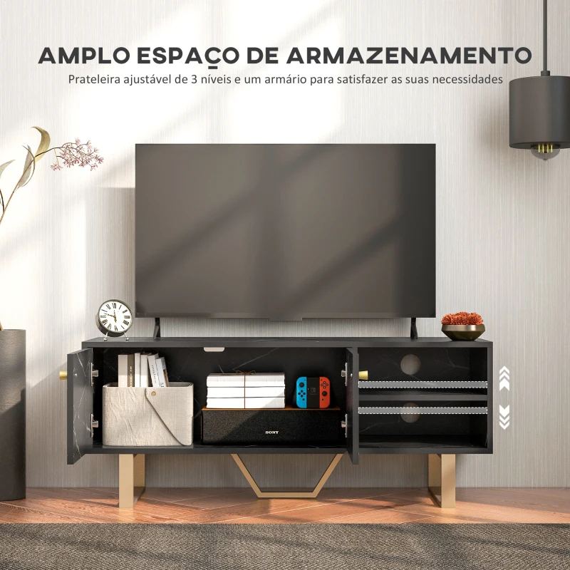 HOMCOM Móvel de TV com Prateleira Ajustável e Efeito Mármore Móvel de TV para Sala de Estar para Televisores de 50 Polegadas 110x35x45 cm Preto e Dourado