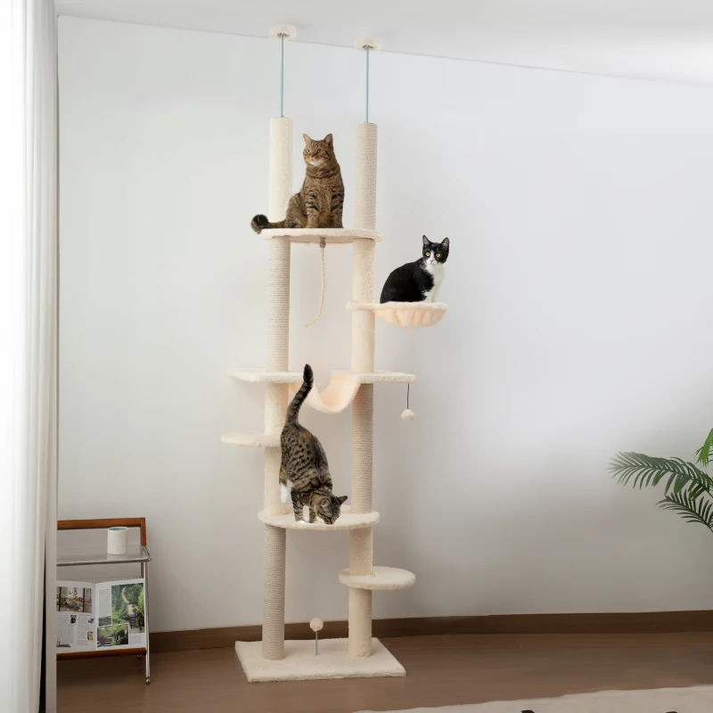 PawHut Arranhador para Gatos do Chão ao Teto 225-255 cm com 7 Níveis Rede Plataformas Postes de Arranhar  Bege e Cinza
