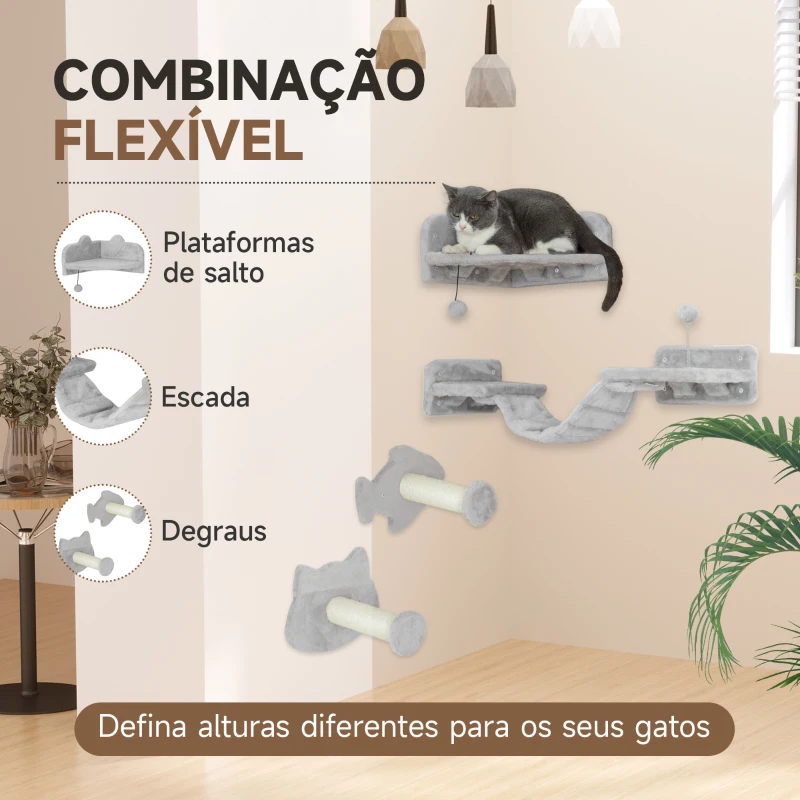 PawHut Conjunto de Prateleiras de Escalada para Gatos de 4 Peças com 2 Postes de Sisal e Plataforma para Saltar Bege