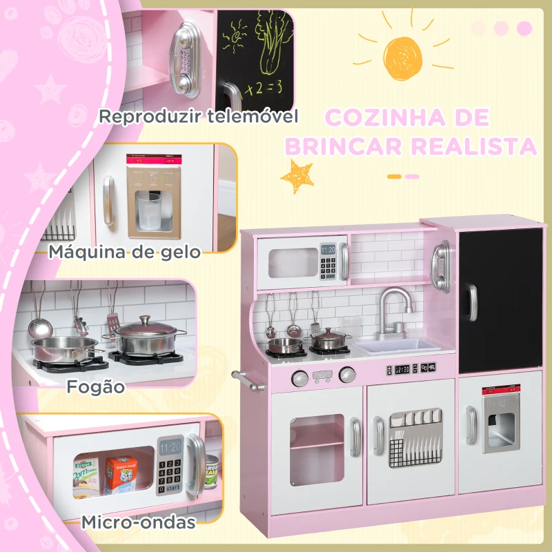 AIYAPLAY Cozinha de Brincar para Crianças acima de 3 anos Cozinha Infantil de Madeira com Acessórios Máquina de Gelo Ardósia e Telefone 83,8x26,8x81 cm Rosa