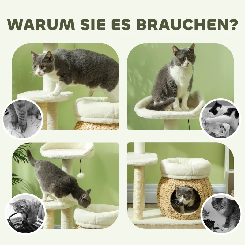 PawHut Krabpaal met Kattenhol, Speelbal en Platform, Riet/Sisal, tot 10 kg, 60 x 40 x 79 cm, Crème wit