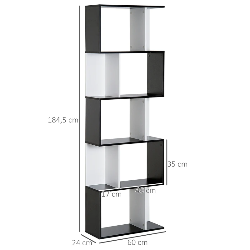 HOMCOM Estante para Livros Estante Alta de Parede com 5 Níveis em Forma de S Desenho Moderno 60x24x184,5 cm Branco e Preto