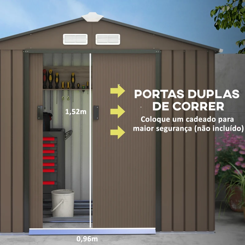 Outsunny Abrigo de Jardim 213x130x185 cm Abrigo de Jardim Metálico de Exterior com 2 Portas Deslizantes e 4 Janelas Marrom