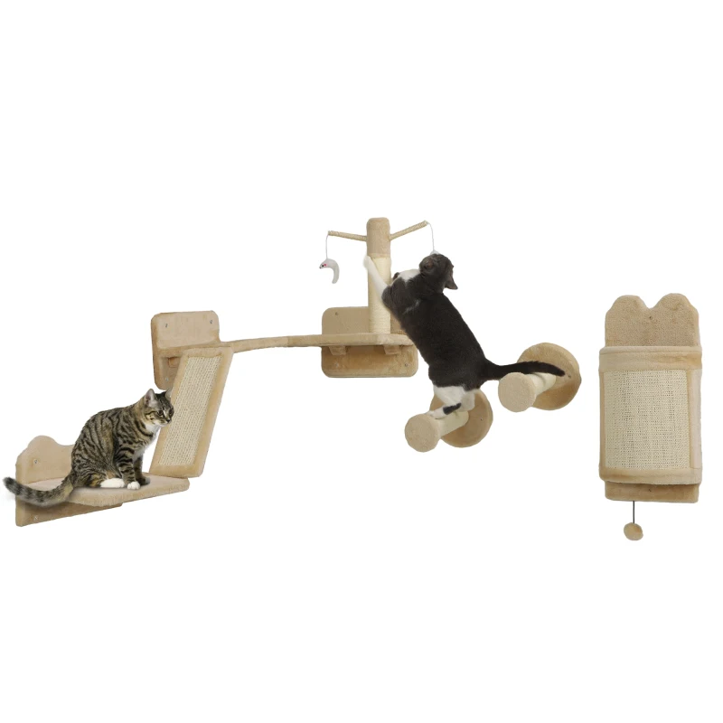 PawHut Prateiras de Parede para Gatos de 4 Peças Arranhador de Parede para Gatos com Postes de Sisal Plataforma de Salto Bege
