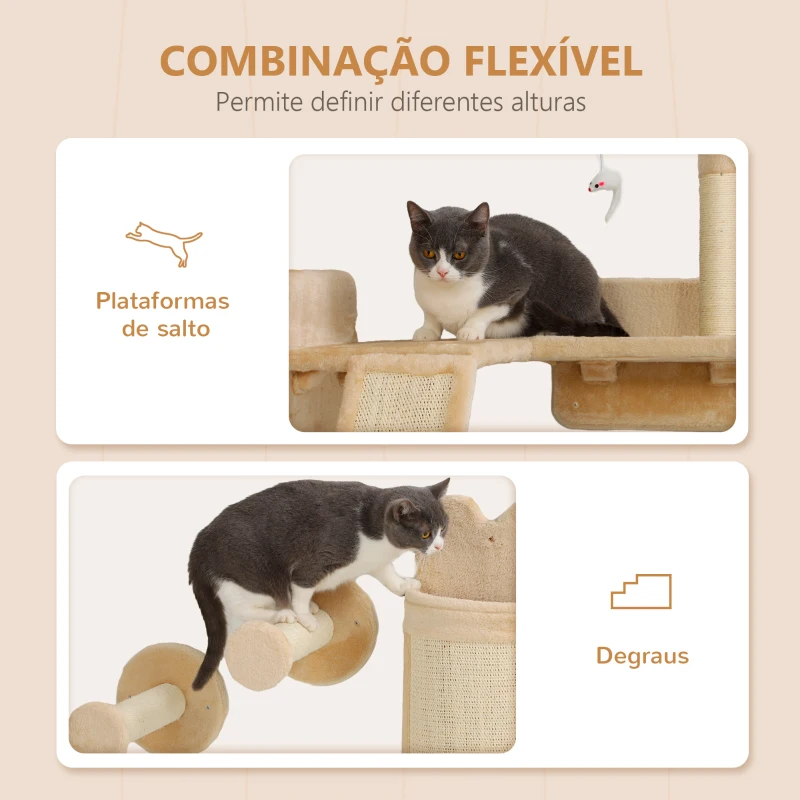 PawHut Prateiras de Parede para Gatos de 4 Peças Arranhador de Parede para Gatos com Postes de Sisal Plataforma de Salto Bege