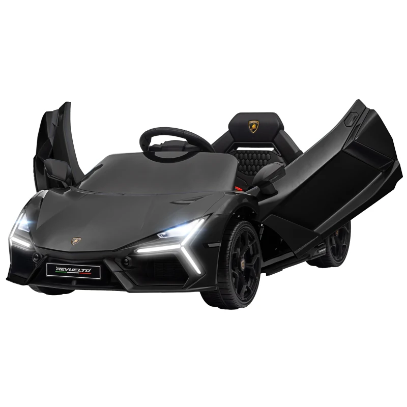 AIYAPLAY Lamborghini Revuelto Licensed 12V Ride on Car w/ Butterfly Doors, Transport Wheels, Suspension, Remote Control, Black