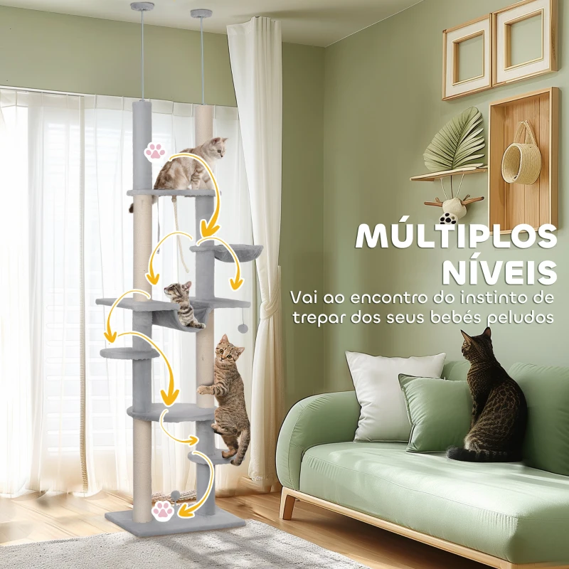 PawHut Arranhador para Gatos do Chão ao Teto 225-255 cm com 7 Níveis Rede Plataformas Postes de Arranhar  Cinza