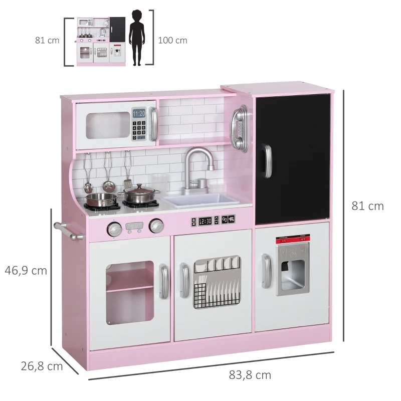 AIYAPLAY Cozinha de Brincar para Crianças acima de 3 anos Cozinha Infantil de Madeira com Acessórios Máquina de Gelo Ardósia e Telefone 83,8x26,8x81 cm Rosa