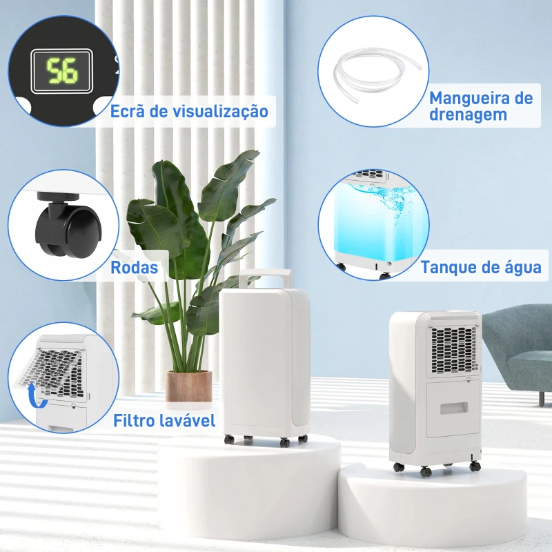 HOMCOM Desumidificador Elétrico 12L/dia Depósito de Água de 2,5L com Rodas Temporizador de 24 Horas Ecrã Digital de Humidade Branco