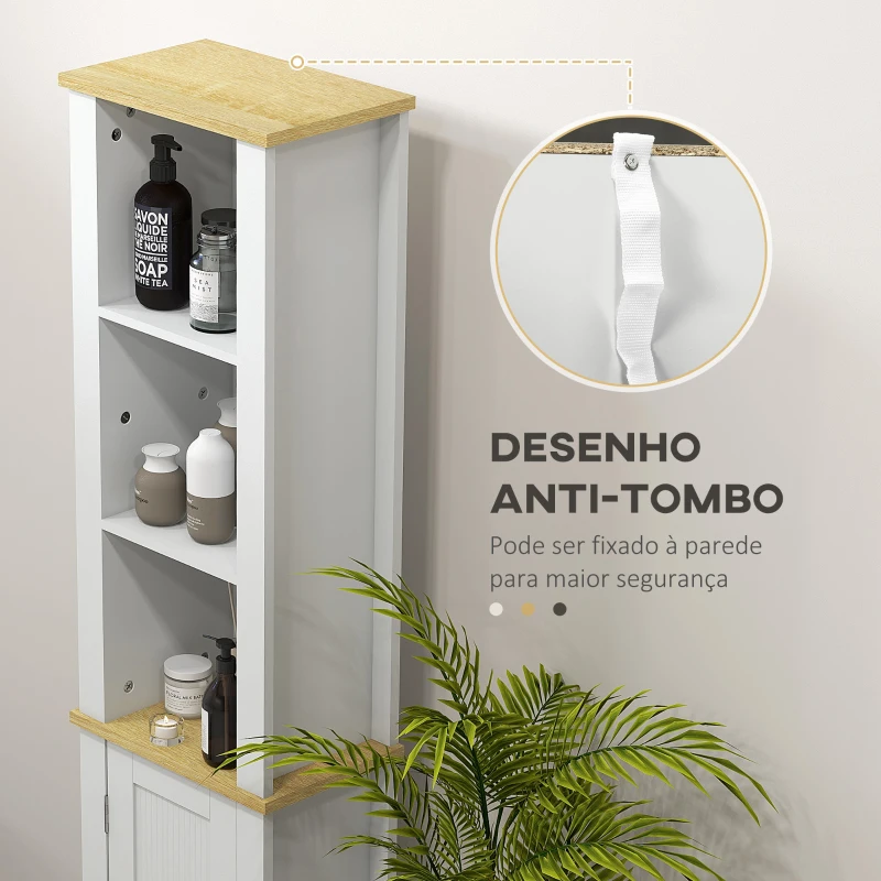 kleankin Coluna Casa de Banho com Prateleiras Abertas Porta e Prateleira Ajustável Desenho Anti-Tombo 34x23x165 cm Branco