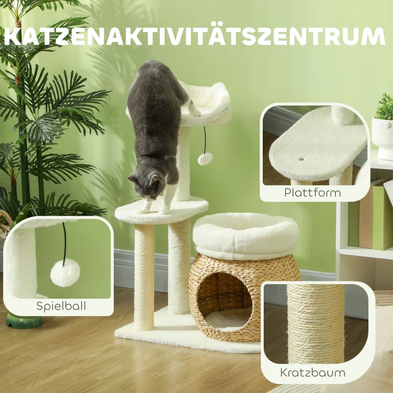 PawHut Krabpaal met Kattenhol, Speelbal en Platform, Riet/Sisal, tot 10 kg, 60 x 40 x 79 cm, Crème wit