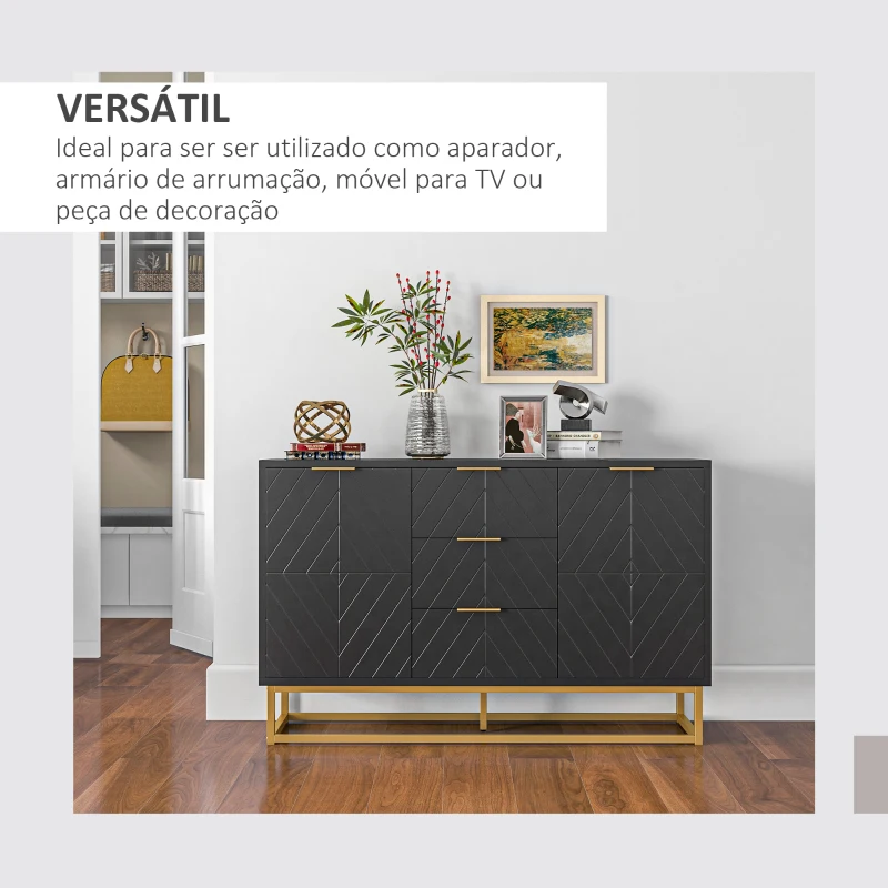 HOMCOM Aparador Auxiliar Armário de Armazenamento com 3 Gavetas e 2 Armários com Prateleira Ajustável 120x40x76 cm Preto