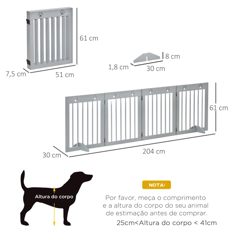 PawHut Barreira de Segurança Dobrável para Cães de 4 Painéis com Pés para Portas Escadas Corredor 204x30x61 cm Cinza