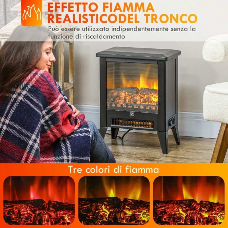 HOMCOM Caminetto Elettrico da 1800W con Effetto Fiamma a 3 Intensità, in Metallo e Vetro, 36x21x47 cm, Nero