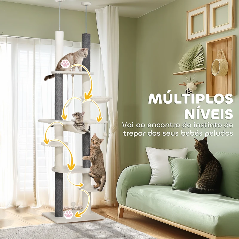 PawHut Arranhador para Gatos do Chão ao Teto 225-255 cm  com 7 Níveis Rede Plataformas Postes de Arranhar Creme e Cinza