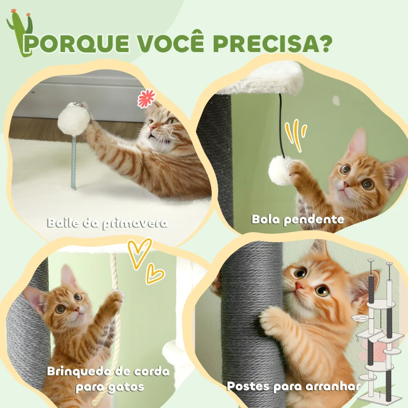 PawHut Arranhador para Gatos do Chão ao Teto 225-255 cm  com 7 Níveis Rede Plataformas Postes de Arranhar Creme e Cinza