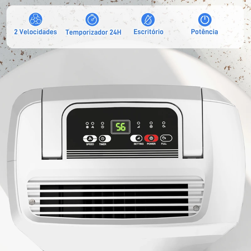 HOMCOM Desumidificador Elétrico 12L/dia Depósito de Água de 2,5L com Rodas Temporizador de 24 Horas Ecrã Digital de Humidade Branco