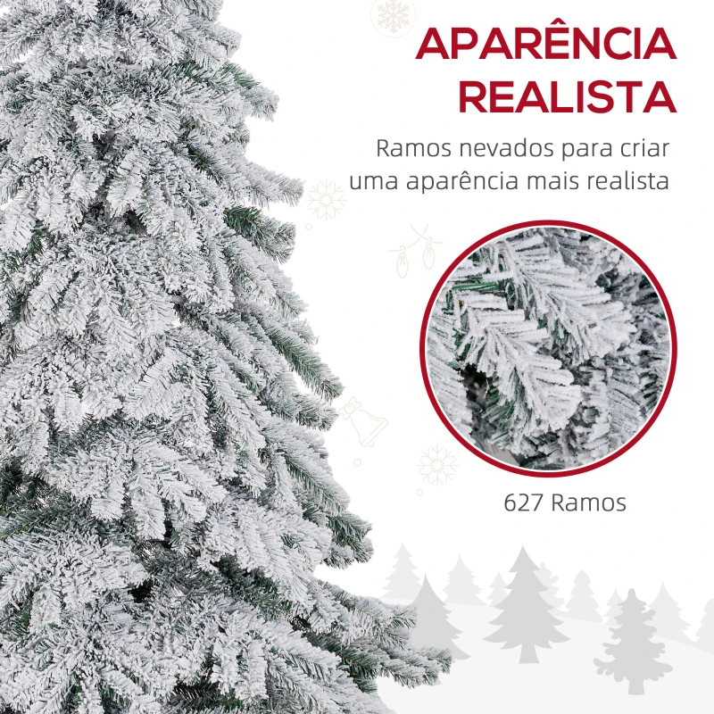 HOMCOM Árvore de Natal Ø116x180 cm Neve Artificial com 627 Pontas de PVC Base Dobrável e Suporte de Metal Decoração de Natal Verde e Branco