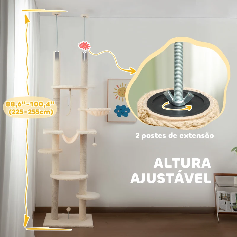 PawHut Arranhador para Gatos do Chão ao Teto 225-255 cm com 7 Níveis Rede Plataformas Postes de Arranhar  Bege e Cinza