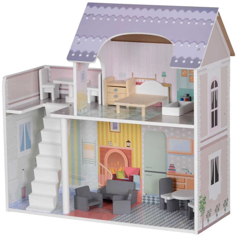 AIYAPLAY Casa de Bonecas com Móveis e Acessórios Casa de Bonecas de Madeira com Varanda e 2 Andares  60x26,6x60 cm Multicor