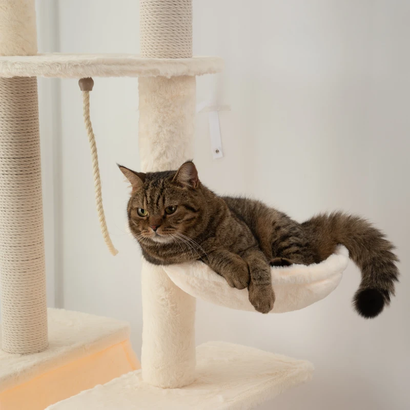 PawHut Arranhador para Gatos do Chão ao Teto 225-255 cm com 7 Níveis Rede Plataformas Postes de Arranhar  Bege e Cinza