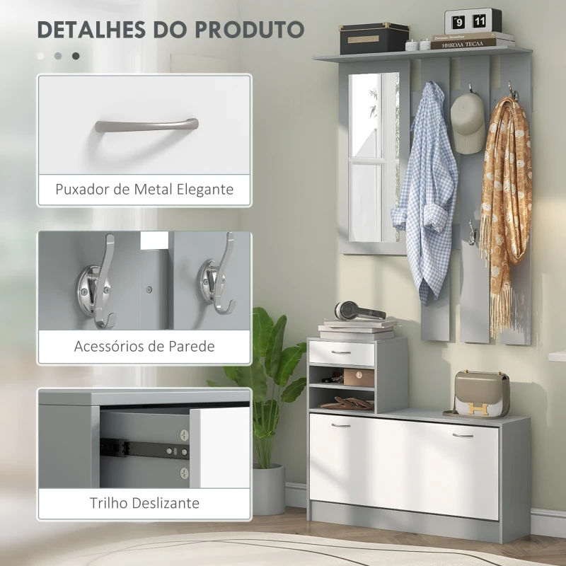 HOMCOM Móvel Cabide de Entrada de 3 Peças Armário de Entrada com Cabide Espelho Sapateira e Gaveta 90x10x102 cm Branco e Cinza