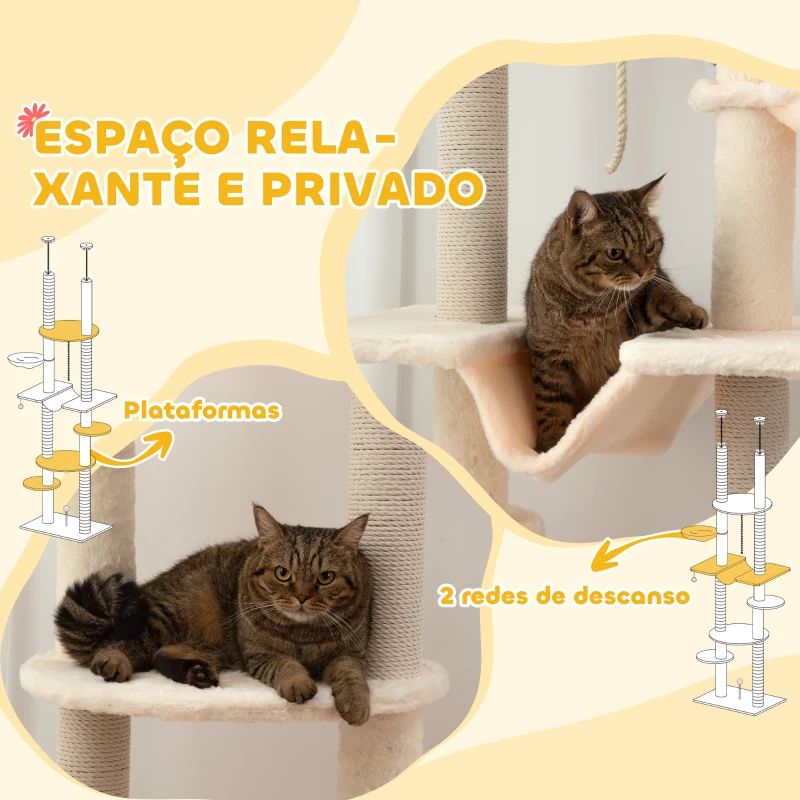 PawHut Arranhador para Gatos do Chão ao Teto 225-255 cm com 7 Níveis Rede Plataformas Postes de Arranhar  Bege e Cinza
