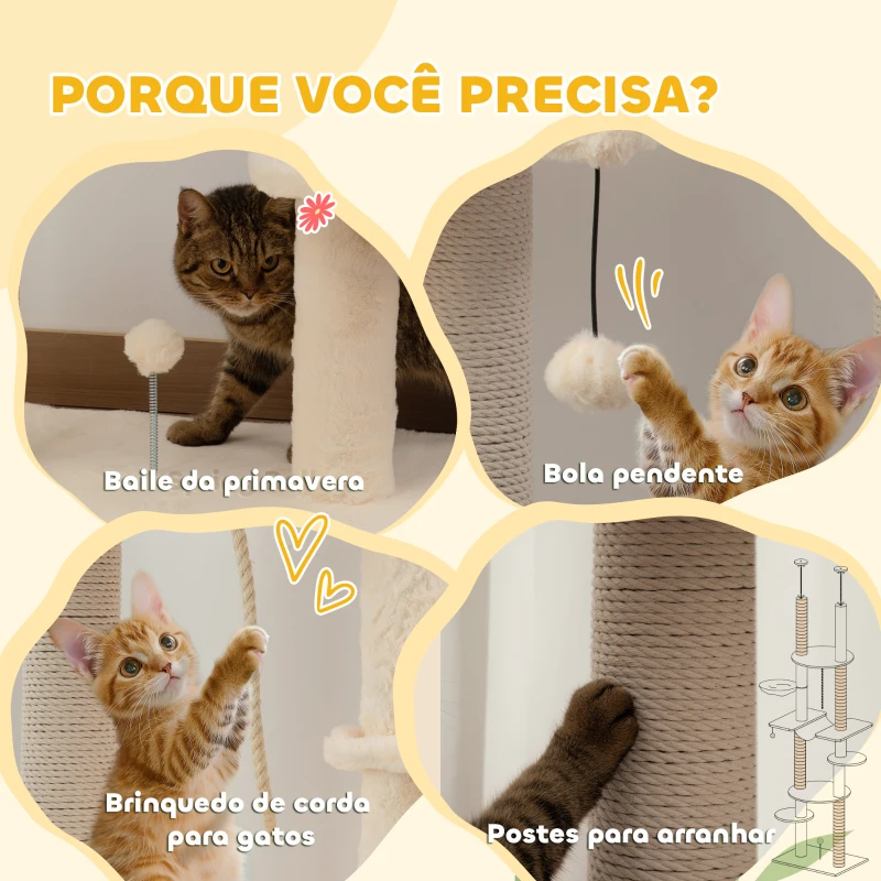 PawHut Arranhador para Gatos do Chão ao Teto 225-255 cm com 7 Níveis Rede Plataformas Postes de Arranhar  Bege e Cinza