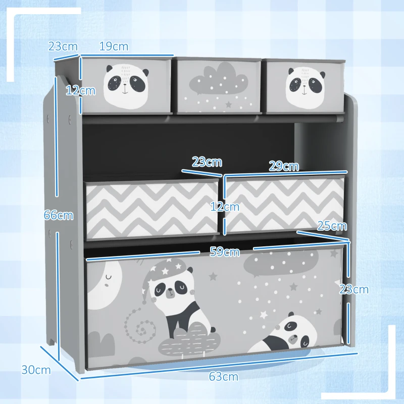 ZONEKIZ Estante para Brinquedos com 6 Caixas de Tecido não Tecido Amovíveis Organizador de Brinquedos 63x30x66 cm Cinza