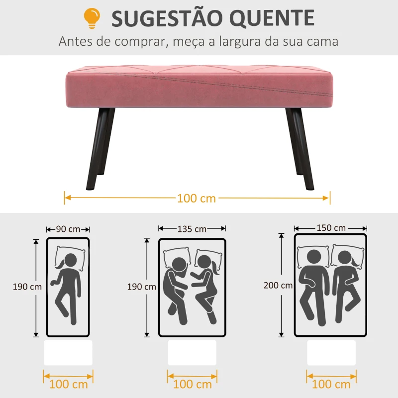 HOMCOM Banco de Pé de Cama Multifuncional e Moderno Banco de Dormitório com Pés de Aço e Assento Acolchoado 100x36x45 cm Rosa